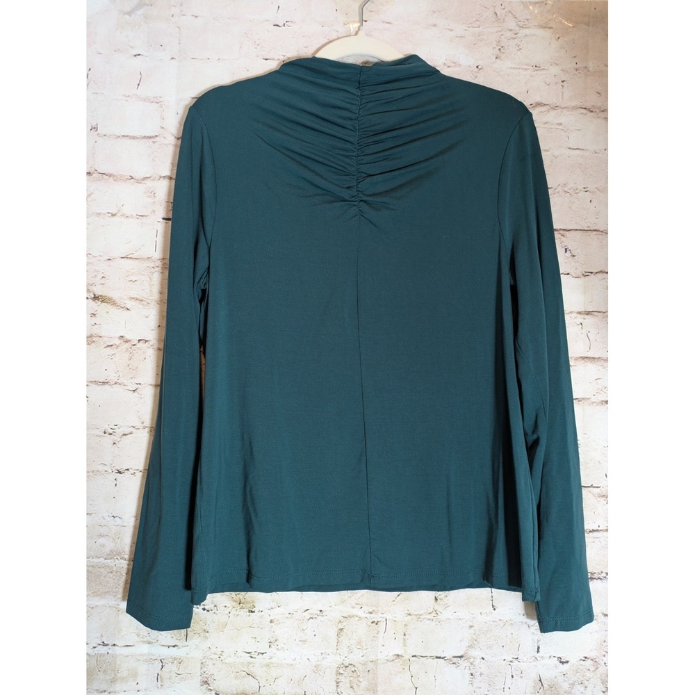 Ann Taylor Large Dark Forest Green Ruched Mock Neck Long Sleeve Stretch Blouse
